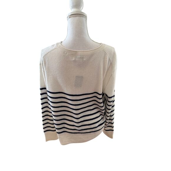 Rachel Zoe Nautical Stripe Cashmere Crewneck Sweater Cream Blue L - Picture 4 of 5